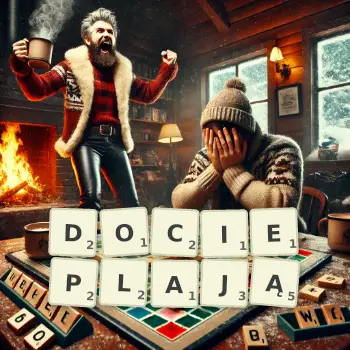Kreatywna ilustracja do gry w Scrabble ze słowem DOCIEPLAJĄ ułożonym z płytek na planszy.