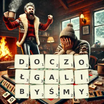 Kreatywna ilustracja do gry w Scrabble ze słowem DOCZOŁGALIBYŚMY ułożonym z płytek na planszy.