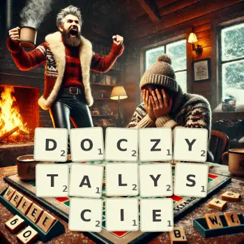 Kreatywna ilustracja do gry w Scrabble ze słowem DOCZYTALYSCIE ułożonym z płytek na planszy.