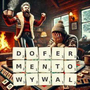 Kreatywna ilustracja do gry w Scrabble ze słowem DOFERMENTOWYWAL ułożonym z płytek na planszy.