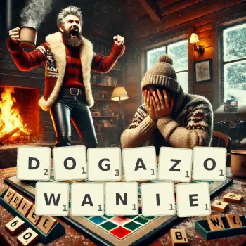 Kreatywna ilustracja do gry w Scrabble ze słowem DOGAZOWANIE ułożonym z płytek na planszy.