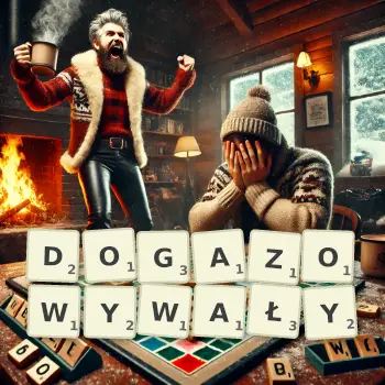Kreatywna ilustracja do gry w Scrabble ze słowem DOGAZOWYWAŁY ułożonym z płytek na planszy.