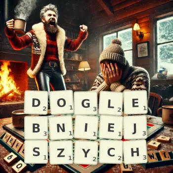 Kreatywna ilustracja do gry w Scrabble ze słowem DOGLEBNIEJSZYCH ułożonym z płytek na planszy.