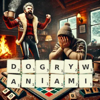 Kreatywna ilustracja do gry w Scrabble ze słowem DOGRYWANIAMI ułożonym z płytek na planszy.