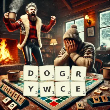 Kreatywna ilustracja do gry w Scrabble ze słowem DOGRYWCE ułożonym z płytek na planszy.