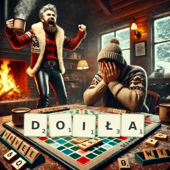 Kreatywna ilustracja do gry w Scrabble ze słowem DOIŁA ułożonym z płytek na planszy.