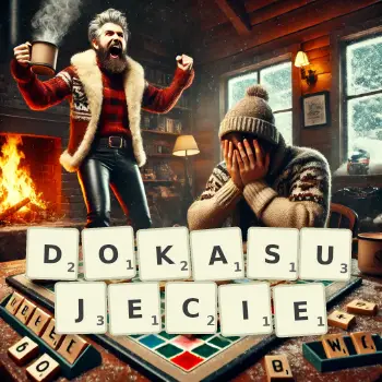 Kreatywna ilustracja do gry w Scrabble ze słowem DOKASUJECIE ułożonym z płytek na planszy.