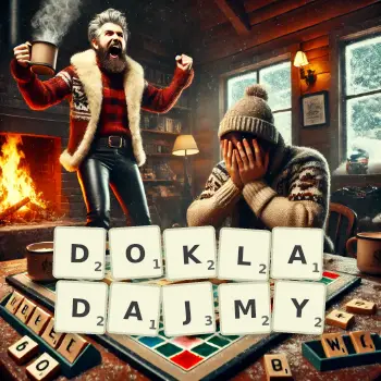 Kreatywna ilustracja do gry w Scrabble ze słowem DOKLADAJMY ułożonym z płytek na planszy.