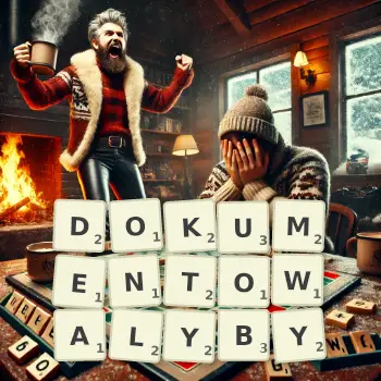 Kreatywna ilustracja do gry w Scrabble ze słowem DOKUMENTOWALYBY ułożonym z płytek na planszy.