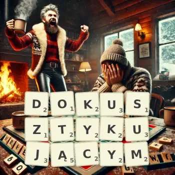 Kreatywna ilustracja do gry w Scrabble ze słowem DOKUSZTYKUJĄCYM ułożonym z płytek na planszy.