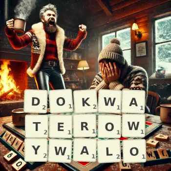 Kreatywna ilustracja do gry w Scrabble ze słowem DOKWATEROWYWALO ułożonym z płytek na planszy.