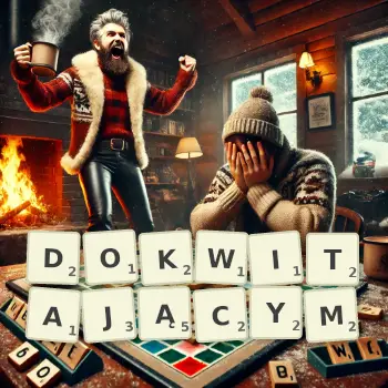 Kreatywna ilustracja do gry w Scrabble ze słowem DOKWITAJĄCYM ułożonym z płytek na planszy.