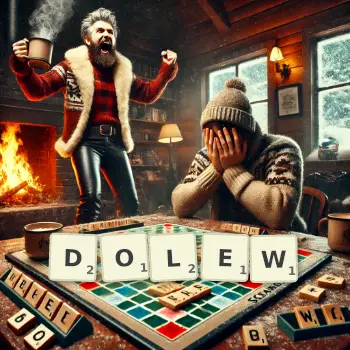 Kreatywna ilustracja do gry w Scrabble ze słowem DOLEW ułożonym z płytek na planszy.