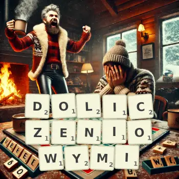 Kreatywna ilustracja do gry w Scrabble ze słowem DOLICZENIOWYMI ułożonym z płytek na planszy.