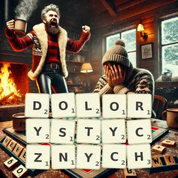 Kreatywna ilustracja do gry w Scrabble ze słowem DOLORYSTYCZNYCH ułożonym z płytek na planszy.