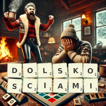 Kreatywna ilustracja do gry w Scrabble ze słowem DOLSKOSCIAMI ułożonym z płytek na planszy.