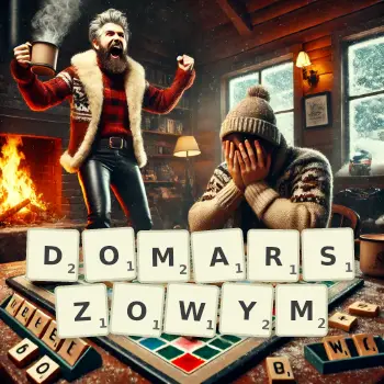 Kreatywna ilustracja do gry w Scrabble ze słowem DOMARSZOWYM ułożonym z płytek na planszy.