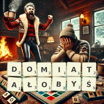 Kreatywna ilustracja do gry w Scrabble ze słowem DOMIATAŁOBYŚ ułożonym z płytek na planszy.