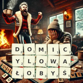 Kreatywna ilustracja do gry w Scrabble ze słowem DOMICYLOWAŁOBYŚ ułożonym z płytek na planszy.