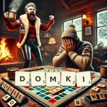 Kreatywna ilustracja do gry w Scrabble ze słowem DOMKI ułożonym z płytek na planszy.