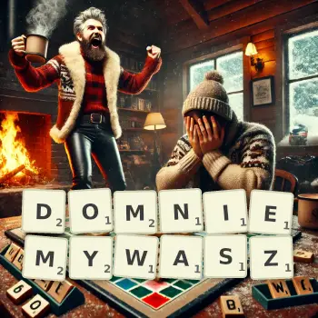 Kreatywna ilustracja do gry w Scrabble ze słowem DOMNIEMYWASZ ułożonym z płytek na planszy.