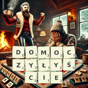 Kreatywna ilustracja do gry w Scrabble ze słowem DOMOCZYŁYŚCIE ułożonym z płytek na planszy.