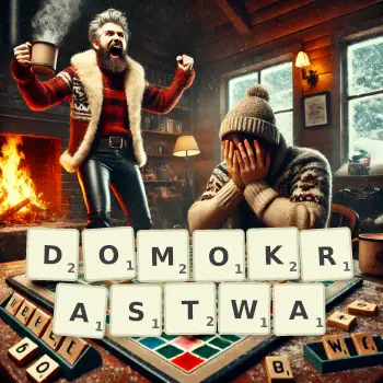 Kreatywna ilustracja do gry w Scrabble ze słowem DOMOKRASTWA ułożonym z płytek na planszy.