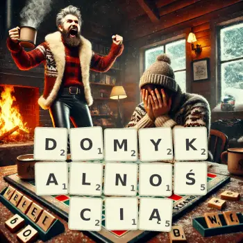 Kreatywna ilustracja do gry w Scrabble ze słowem DOMYKALNOŚCIĄ ułożonym z płytek na planszy.