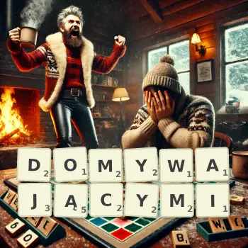 Kreatywna ilustracja do gry w Scrabble ze słowem DOMYWAJĄCYMI ułożonym z płytek na planszy.