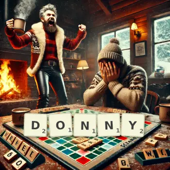 Kreatywna ilustracja do gry w Scrabble ze słowem DONNY ułożonym z płytek na planszy.