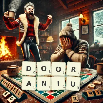 Kreatywna ilustracja do gry w Scrabble ze słowem DOORANIU ułożonym z płytek na planszy.