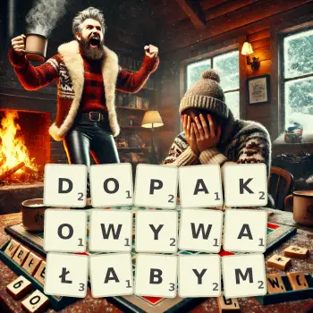 Kreatywna ilustracja do gry w Scrabble ze słowem DOPAKOWYWAŁABYM ułożonym z płytek na planszy.