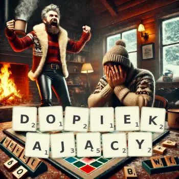 Kreatywna ilustracja do gry w Scrabble ze słowem DOPIEKAJĄCY ułożonym z płytek na planszy.