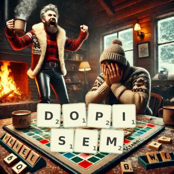 Kreatywna ilustracja do gry w Scrabble ze słowem DOPISEM ułożonym z płytek na planszy.