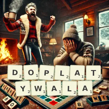 Kreatywna ilustracja do gry w Scrabble ze słowem DOPLATYWALA ułożonym z płytek na planszy.