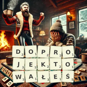 Kreatywna ilustracja do gry w Scrabble ze słowem DOPROJEKTOWAŁEŚ ułożonym z płytek na planszy.