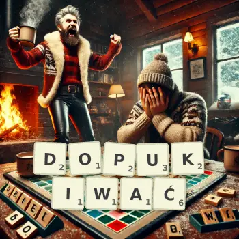 Kreatywna ilustracja do gry w Scrabble ze słowem DOPUKIWAĆ ułożonym z płytek na planszy.