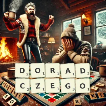 Kreatywna ilustracja do gry w Scrabble ze słowem DORADCZEGO ułożonym z płytek na planszy.