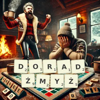 Kreatywna ilustracja do gry w Scrabble ze słowem DORADŹMYŻ ułożonym z płytek na planszy.