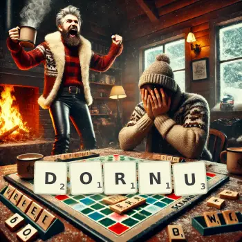 Kreatywna ilustracja do gry w Scrabble ze słowem DORNU ułożonym z płytek na planszy.
