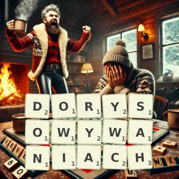 Kreatywna ilustracja do gry w Scrabble ze słowem DORYSOWYWANIACH ułożonym z płytek na planszy.