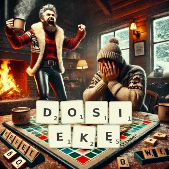 Kreatywna ilustracja do gry w Scrabble ze słowem DOSIEKĘ ułożonym z płytek na planszy.