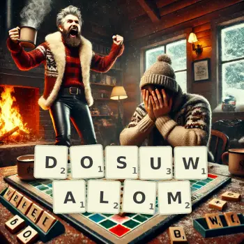 Kreatywna ilustracja do gry w Scrabble ze słowem DOSUWALOM ułożonym z płytek na planszy.