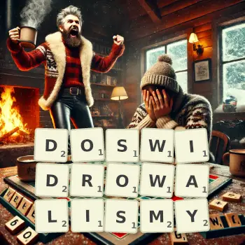 Kreatywna ilustracja do gry w Scrabble ze słowem DOSWIDROWALISMY ułożonym z płytek na planszy.