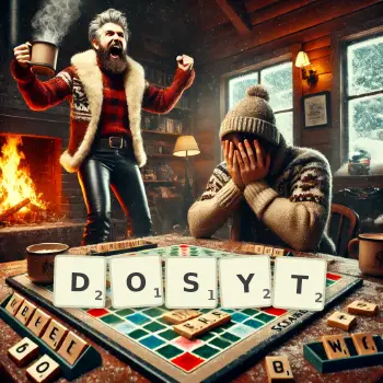 Kreatywna ilustracja do gry w Scrabble ze słowem DOSYT ułożonym z płytek na planszy.