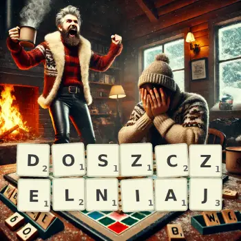Kreatywna ilustracja do gry w Scrabble ze słowem DOSZCZELNIAJ ułożonym z płytek na planszy.