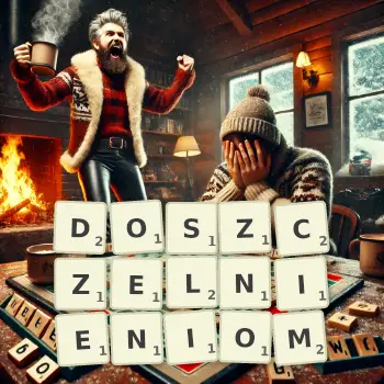 Kreatywna ilustracja do gry w Scrabble ze słowem DOSZCZELNIENIOM ułożonym z płytek na planszy.