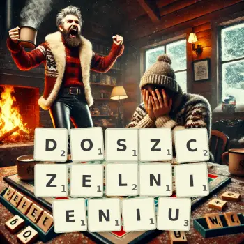 Kreatywna ilustracja do gry w Scrabble ze słowem DOSZCZELNIENIU ułożonym z płytek na planszy.