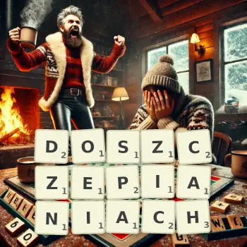Kreatywna ilustracja do gry w Scrabble ze słowem DOSZCZEPIANIACH ułożonym z płytek na planszy.