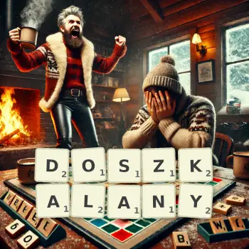 Kreatywna ilustracja do gry w Scrabble ze słowem DOSZKALANY ułożonym z płytek na planszy.